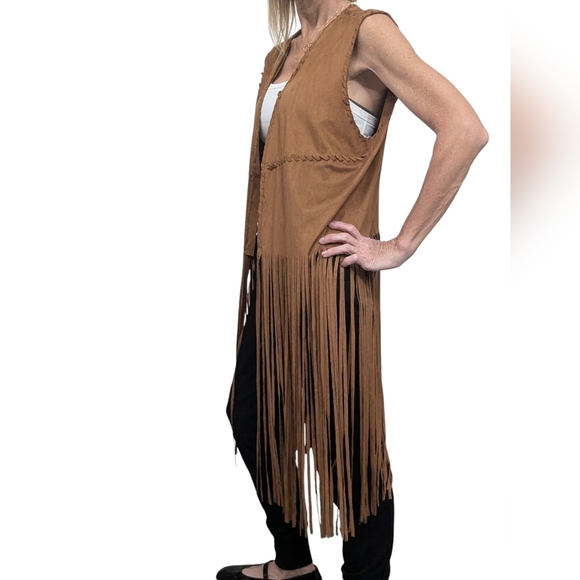 Fornia Faux Suede Fringe Vest Brown Boho Western Festival Hippie Y2K - Picture 2 of 6